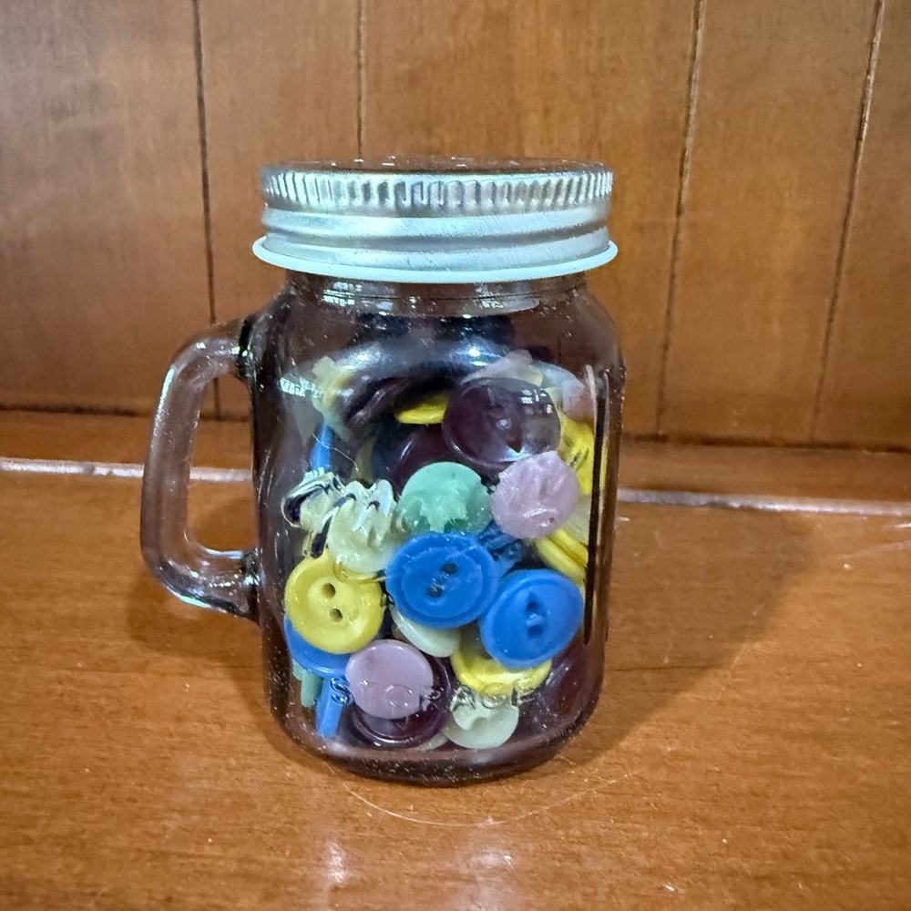 Colorful Button Collection in Small Glass Salt and Pepper Shaker Mason Jar